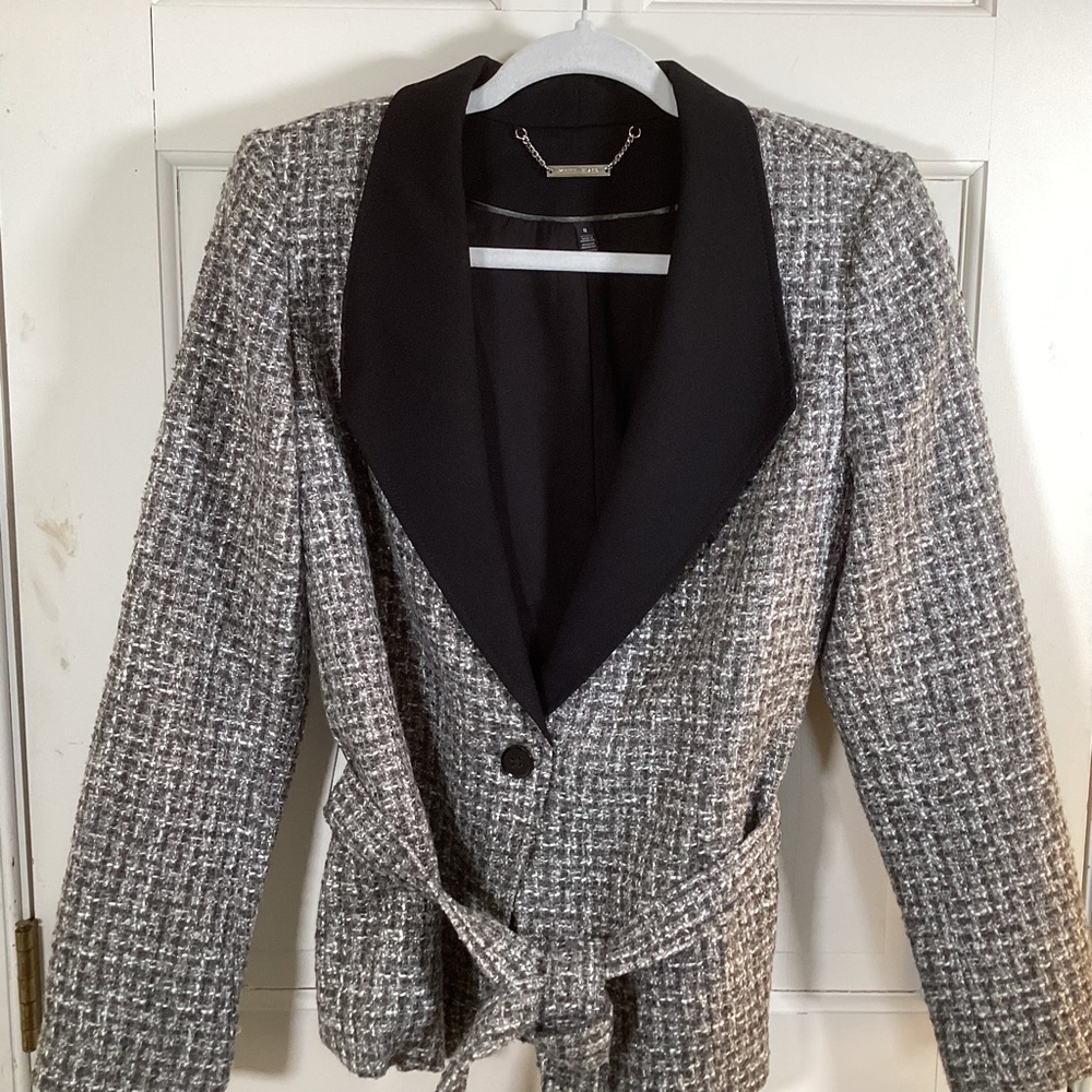White House Black Market Women’s Gray Tweed Black Lapel One Button Blazer.  Sz 8 - Picture 3 of 8